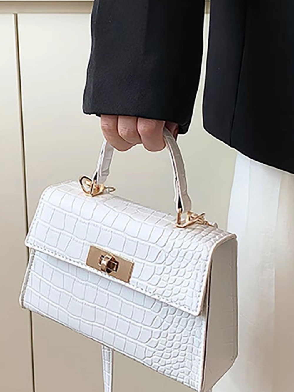 Croc-Embossed White Top-Handle Satchel with Gold Hardware - Picture 2 of 5